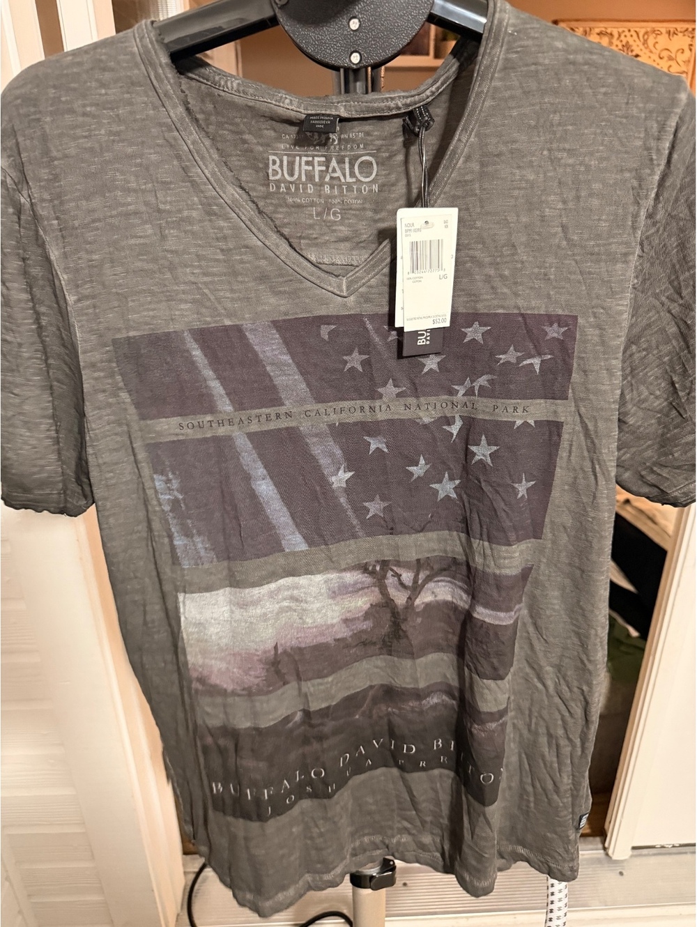 Buffalo David Bitton gray flag graphic V-neck T-shirt